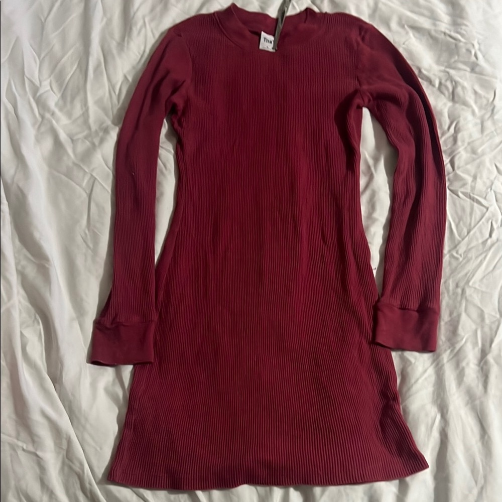 Red Long Sleeve Ribbed Long Shirt